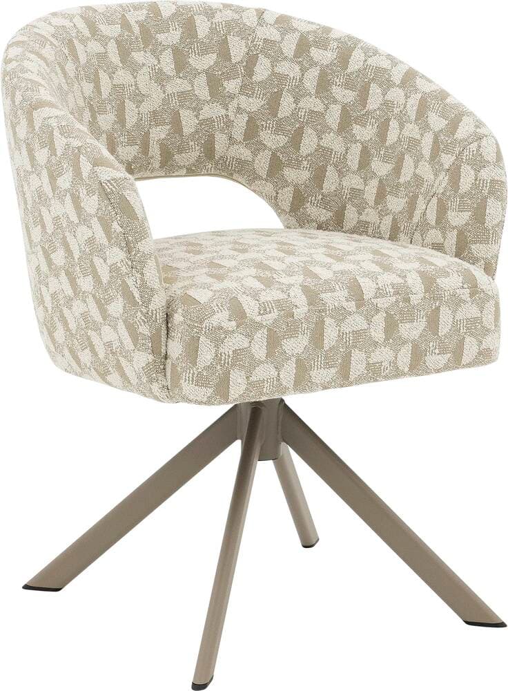A contemporary upholstered swivel accent chair featuring a curved back and integrated arms, creating a tub-like silhouette. The chair is covered in a woven fabric with a geometric pattern in neutral tones of beige, cream, and tan. It rests on a multi-legged star-shaped metal base finished in a matte taupe color, allowing for 360-degree rotation. — 3D model
