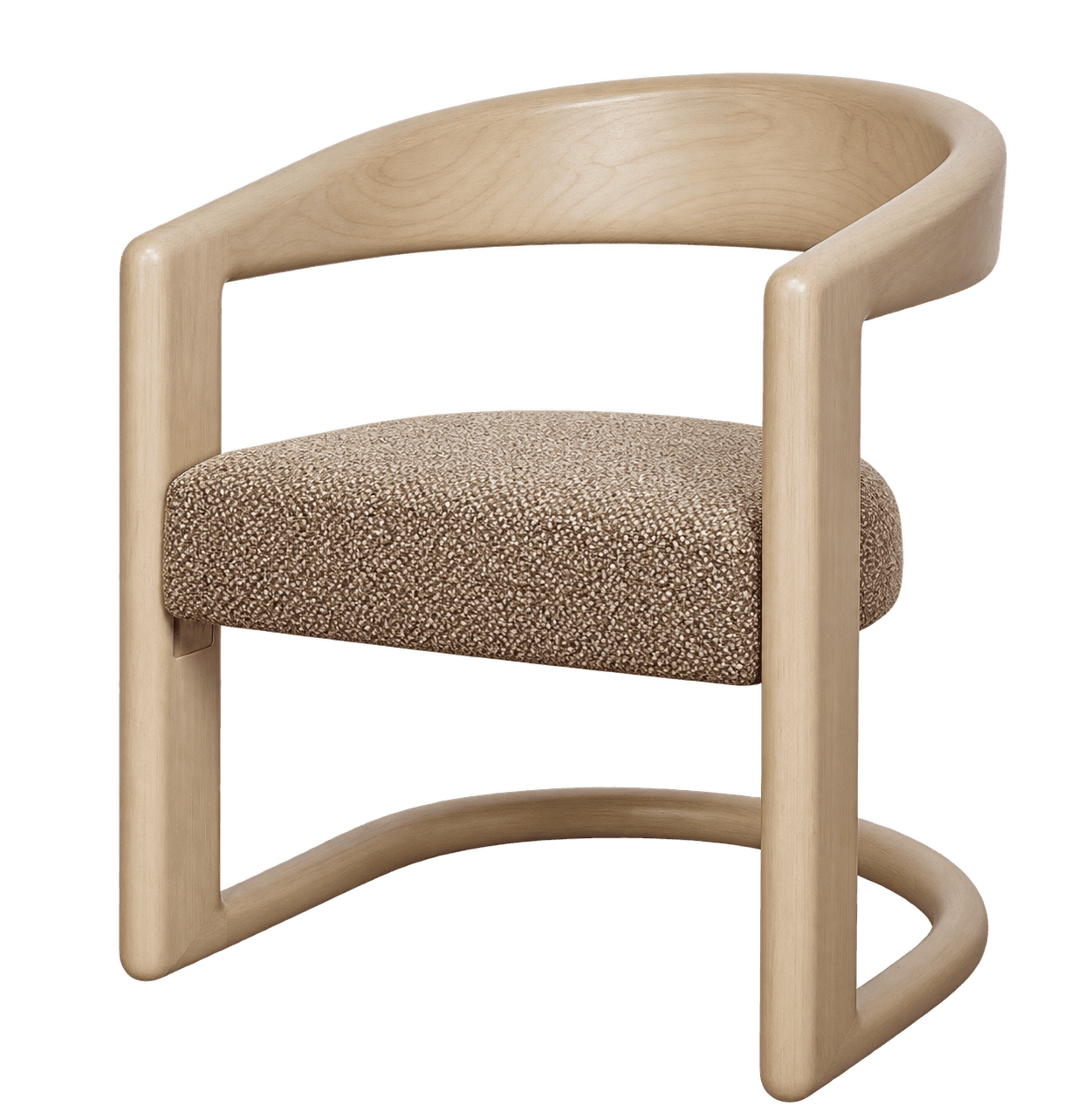 A contemporary armchair featuring a light-toned, continuous bentwood frame that forms the backrest, armrests, and a distinctive U-shaped base. The seat is upholstered in a textured, light brown or beige fabric. — 3D model