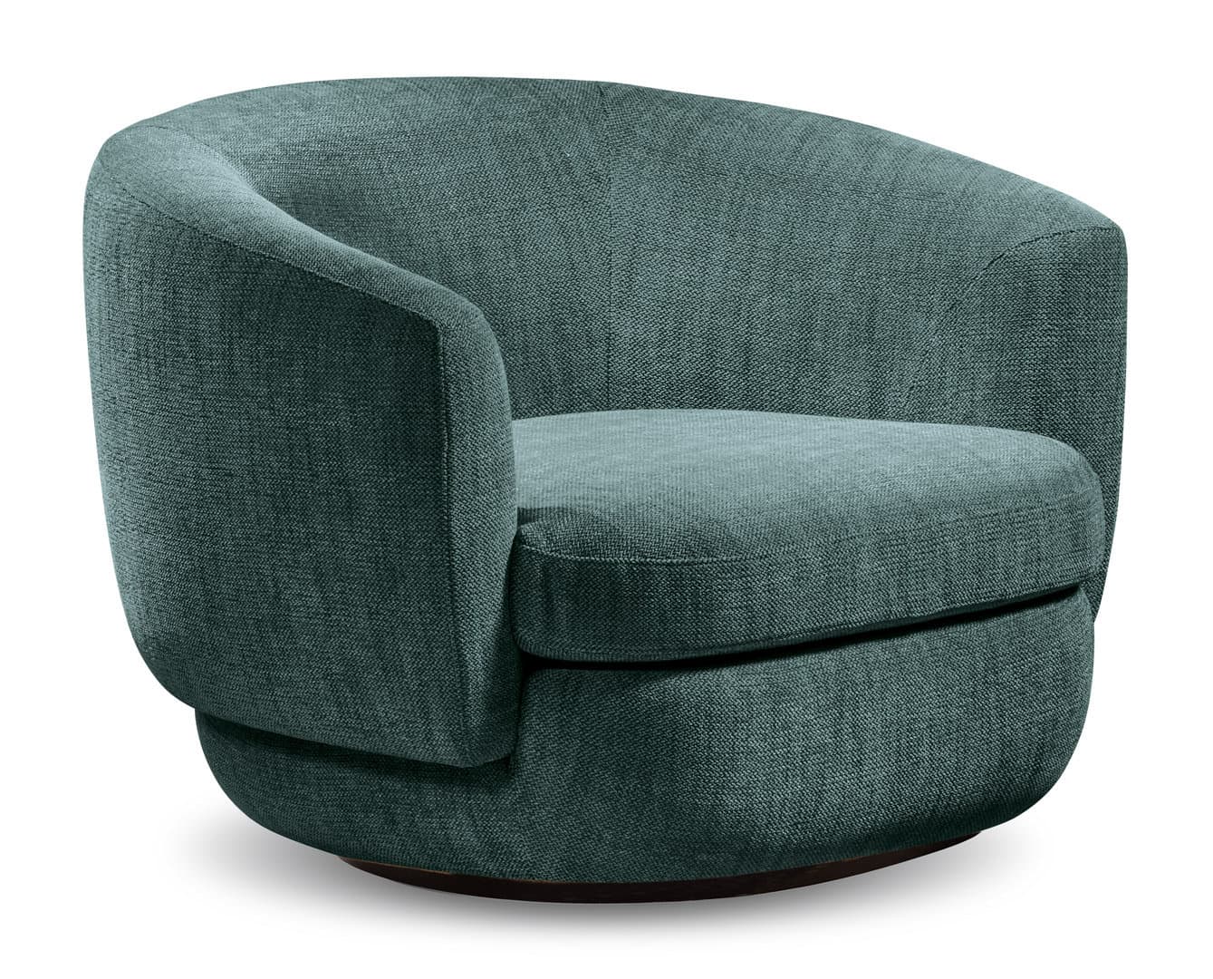 A contemporary armchair with a rounded silhouette and upholstered in a textured teal fabric. It features a low-profile, curved backrest that flows into low armrests. The seat cushion is thick and appears plush. The chair sits on a dark, circular base that suggests a swivel mechanism. The overall design is modern and inviting. — 3D model
