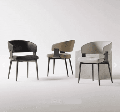 A modern dining armchair featuring a contoured black upholstered seat and backrest, supported by slender, tapered black metal legs. The backrest is gently curved and includes integrated armrests, connected to the seat base via visible black metal brackets. — 3D model
