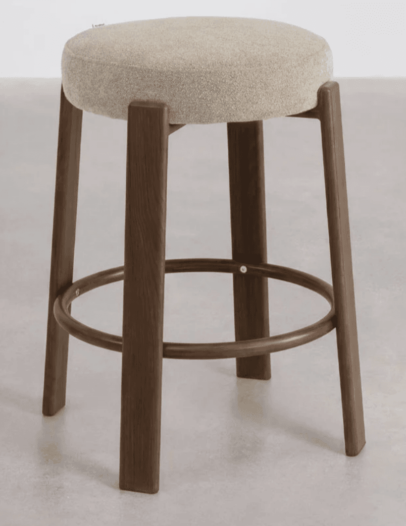 A backless stool with a circular upholstered seat and four wooden legs. The legs are connected by a circular wooden stretcher bar at a lower height. — 3D model