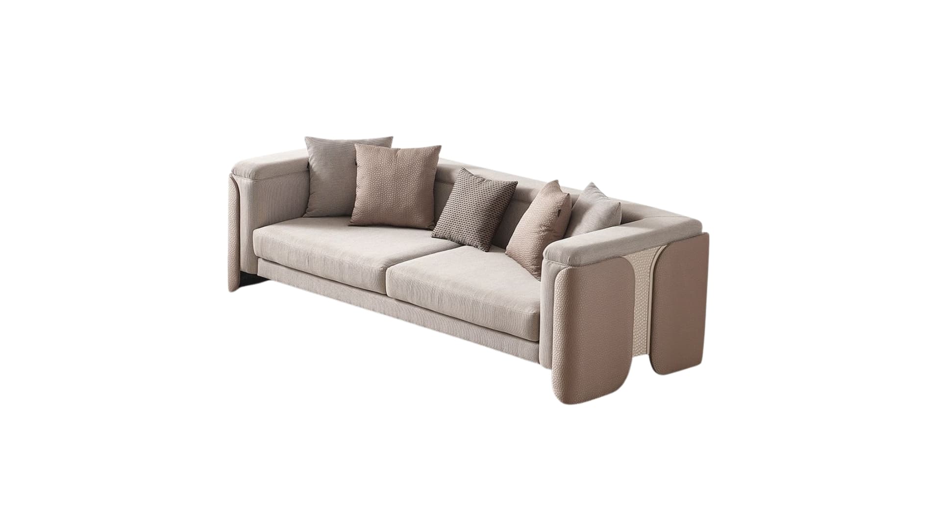 A modern three-seater sofa upholstered in a light beige textured fabric. It features broad, structured armrests with distinctive cut-out sections lined with a contrasting, subtly textured material, possibly leather or faux leather, which could serve as integrated shelves or display areas. The sofa has a low-profile design with clean lines and is accompanied by several scatter cushions in varying shades of beige and brown, some with textured patterns. — 3D model