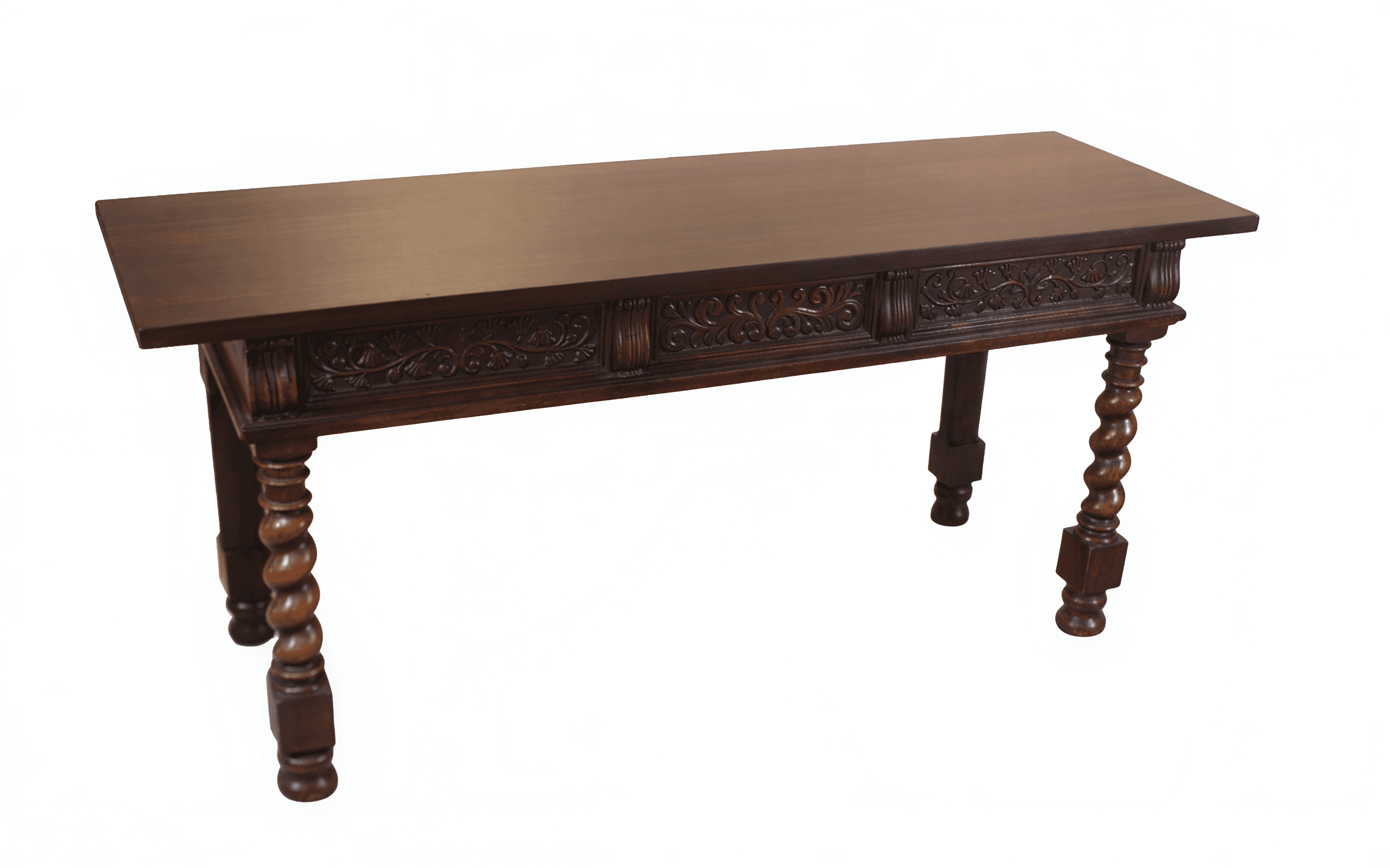 A dark brown wooden console table featuring a rectangular top, a richly carved apron, and two distinct leg styles: two ornate barley-twist legs and two straight, squared legs. The carving on the apron is intricate, depicting foliage motifs. — 3D model