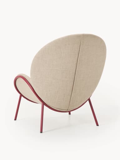 A contemporary lounge chair featuring a distinctive shell-like upholstered body with a separate seat and back cushion. The outer shell is covered in a light beige/cream fabric, while the inner circular back cushion and rectangular seat cushion are upholstered in a contrasting burnt orange/terracotta textured fabric. The entire upholstered form is cradled by a slender tubular metal frame, painted in a deep red or burgundy color, which also forms the four splayed legs. — 3D model