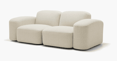 A two-seater sofa with a textured boucle upholstery. The sofa features rounded arms and a low profile with distinct seating cushions. — 3D model