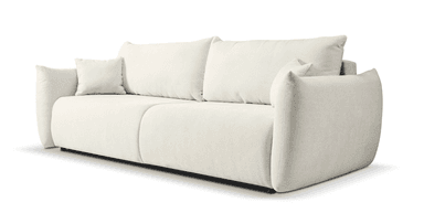 A contemporary two-seater sofa upholstered in light-colored textured fabric, featuring wide, generously rounded arms and plush, loose cushions. — 3D model