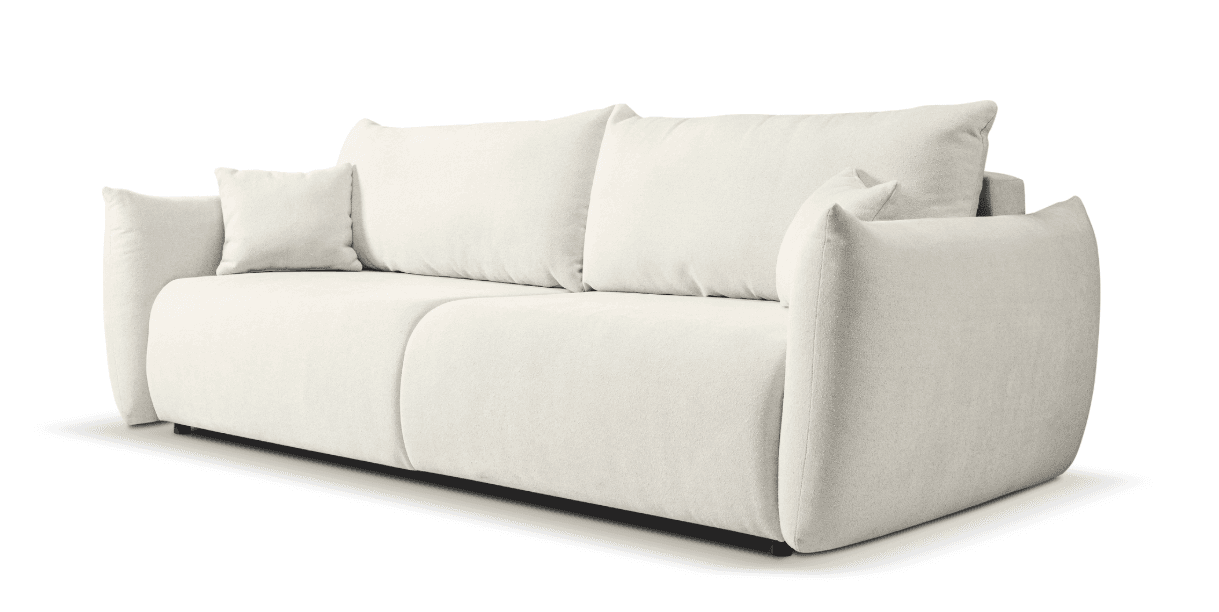 A contemporary two-seater sofa upholstered in light-colored textured fabric, featuring wide, generously rounded arms and plush, loose cushions. — 3D model