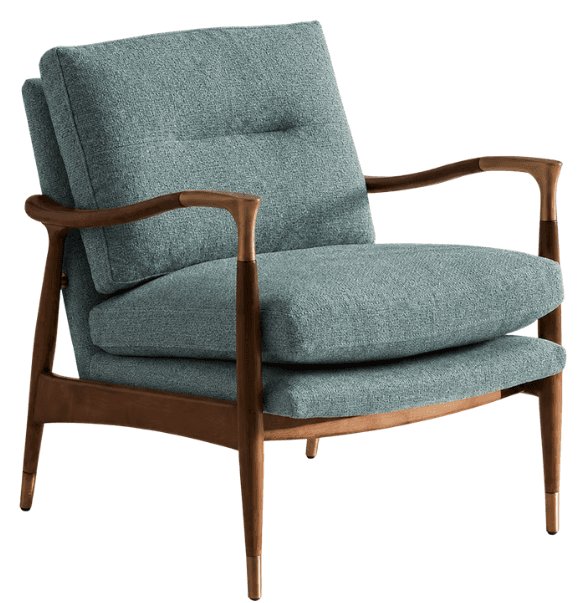 A single accent chair with a wooden frame and upholstered cushions. The chair features a slightly curved backrest, padded seat, and armrests. The wooden frame is a dark brown, and the upholstery is a textured light blue fabric. The armrests are supported by angled wooden legs, with decorative brass-colored metal accents at the top and bottom of the front legs. — 3D model
