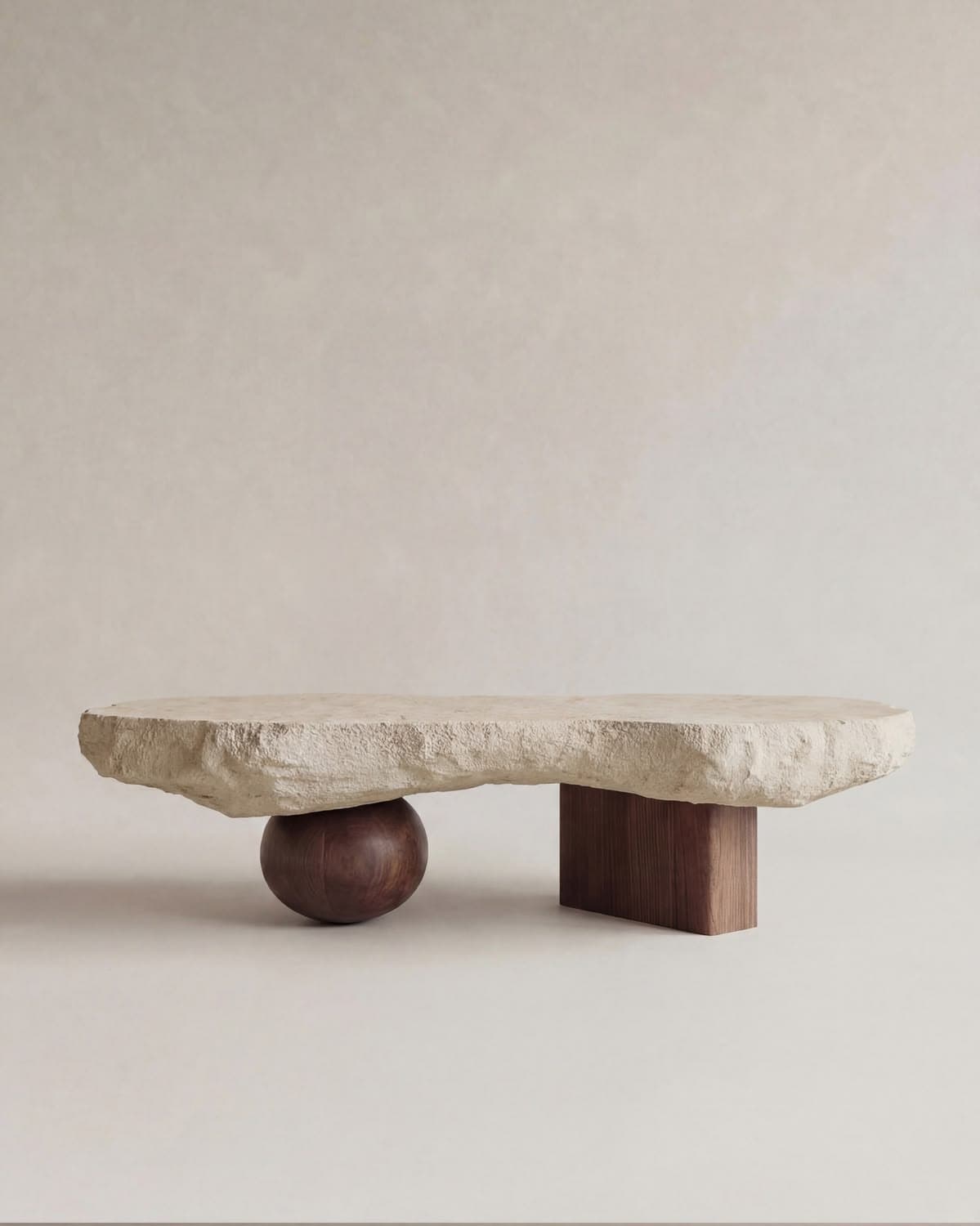 A low-lying coffee table with a large, irregularly shaped stone slab as the tabletop. The tabletop is supported by two distinct bases: one is a spherical wooden element positioned off-center, and the other is a rectangular wooden block providing a stable anchor. — 3D model