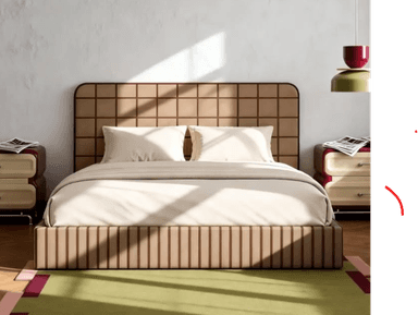A modern upholstered bed frame with a distinctively patterned headboard and base. The headboard features a grid of square-shaped upholstery in a light tan color with darker brown piping outlining each square. The bed frame itself has a vertical striped pattern in alternating shades of brown and tan. It is dressed with cream-colored bedding, including two pillows and a duvet. Two matching bedside tables with red drawers and light-colored drawer fronts are positioned on either side of the bed. The overall aesthetic suggests a contemporary or retro-inspired design. — 3D model