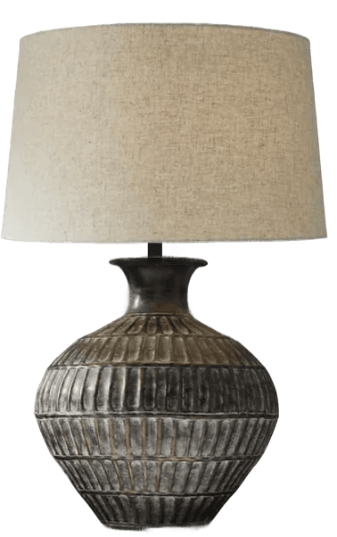 A table lamp featuring a substantial urn-shaped ceramic base with a heavily textured, fluted pattern and a distressed metallic finish. It is topped with a neutral-toned, tapered drum lampshade made of natural linen fabric. — 3D model