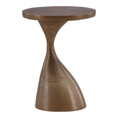 A small, round-topped accent table featuring a unique, sculptural pedestal base. The base tapers significantly in the middle before flaring out to a broader, stable bottom. It is made of metal with an antiqued bronze finish. — 3D model
