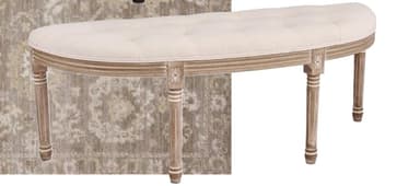 A semicircular upholstered bench with deep button tufting on the seat and a distressed wooden frame. The fabric is a light, neutral color, and the wooden legs feature carved details, including fluting. — 3D model