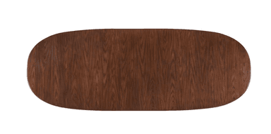 An oval-shaped dining table with a dark wood finish. The table features a segmented top and is supported by two sets of slender, curved legs. The design of the legs is minimalist and appears to be made from bentwood or a similar material. The overall aesthetic suggests a modern or mid-century design. — 3D model
