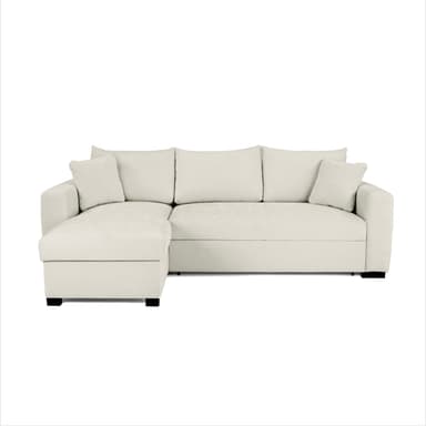 An L-shaped sectional sofa with a chaise lounge extension, upholstered in a light cream-colored, textured fabric. The sofa features clean lines, thick seat cushions, and loose back cushions, along with two accent pillows. It stands on short, dark-colored block feet, giving it a modern and low-profile appearance. The overall design is minimalist and contemporary, offering ample seating for a living space. — 3D model