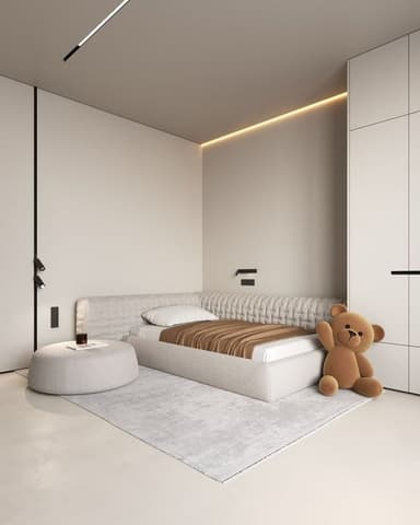 A single upholstered bed featuring an integrated, textured headboard and side rail, accompanied by a matching upholstered round ottoman. — 3D model