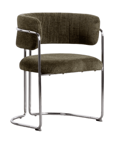 An upholstered armchair featuring a curved back and seat covered in a dark, textured olive-green fabric, supported by a continuous tubular chrome frame that forms both the cantilevered base and open armrests. The backrest has subtle vertical stitching. — 3D model