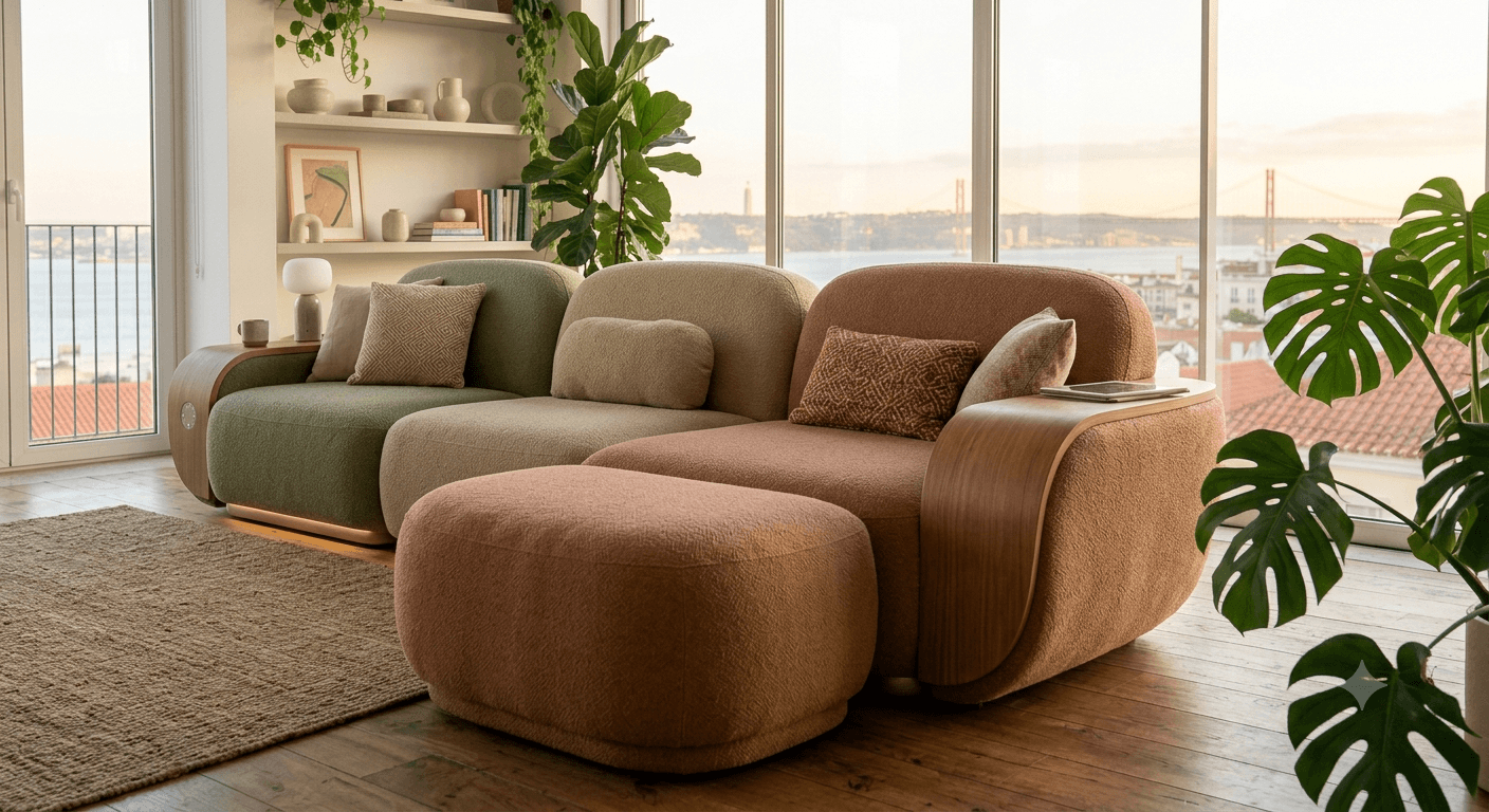 A contemporary modular sectional sofa featuring rounded, organic forms. The sofa is composed of three distinct upholstered sections in varying earthy tones (green, beige, and rust/brown) and includes an integrated ottoman. Each end module features a curved, bentwood armrest that doubles as a side table. The base of the sofa is subtly illuminated with an integrated LED strip, and the upholstery has a textured, possibly boucle-like, finish. — 3D model