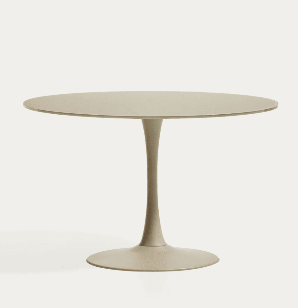 A round pedestal table with a contemporary design, featuring a smooth, circular glass tabletop and a single, tapering central column base that flares out into a stable circular foot. — 3D model