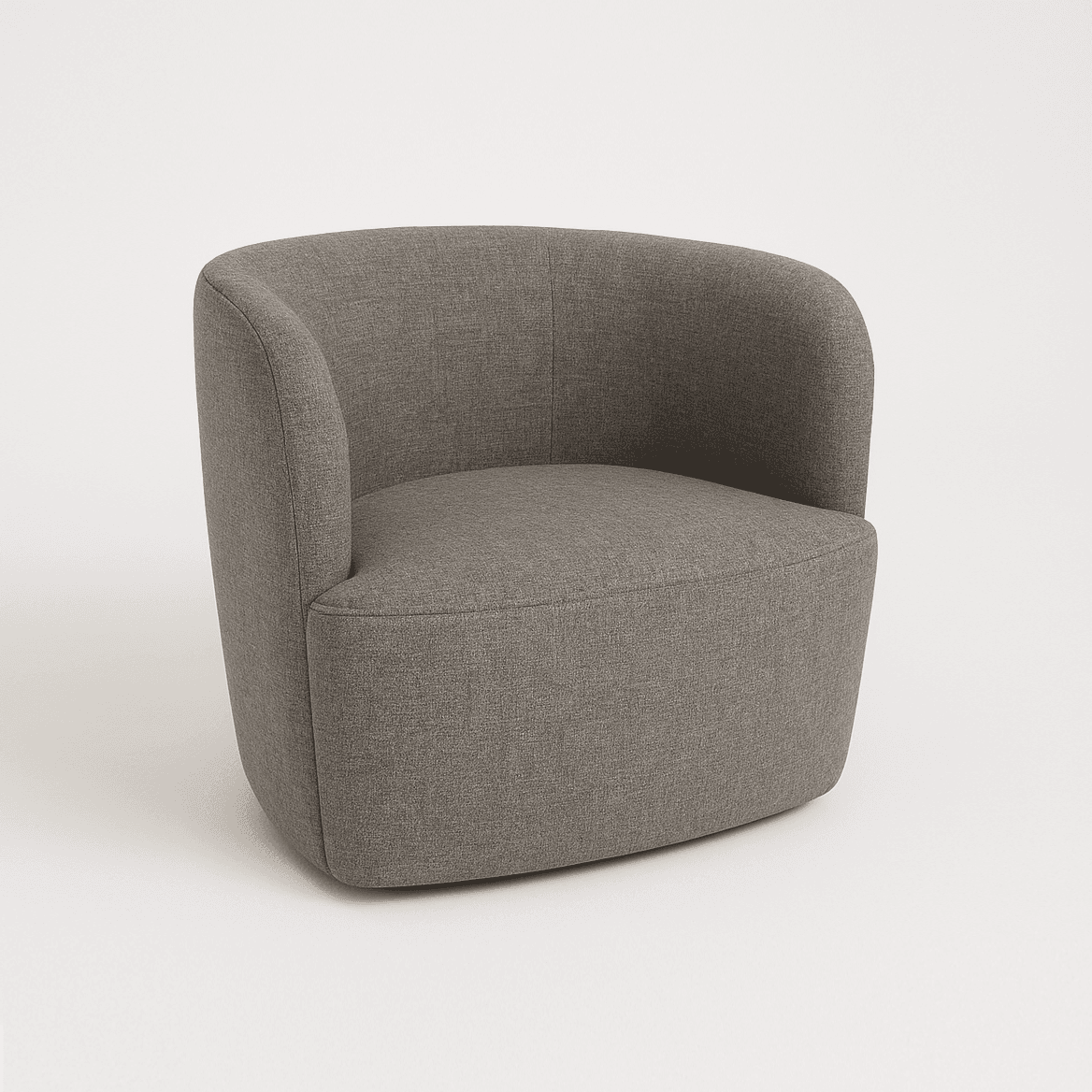 A contemporary, fully upholstered armchair with a rounded, barrel-like shape, covered in a neutral grey woven fabric. The chair features a high, curved back and integrated armrests that seamlessly flow into the seat and base, which has no visible legs. — 3D model