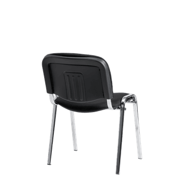 A black upholstered chair with a polished chrome-plated steel frame, designed for stackability and utility in office or conference settings. — 3D model