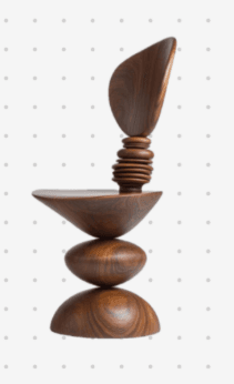 A uniquely designed accent chair constructed from wood, featuring a sculptural form. The seat is a rounded, flattened disk that appears to balance on two larger, ovular shapes. The backrest is tall and curved, with a distinct fin-like element at its apex, and it connects to the seat via a series of stacked, ring-like wooden elements. The overall design evokes a sense of organic balance and artistic expression. — 3D model