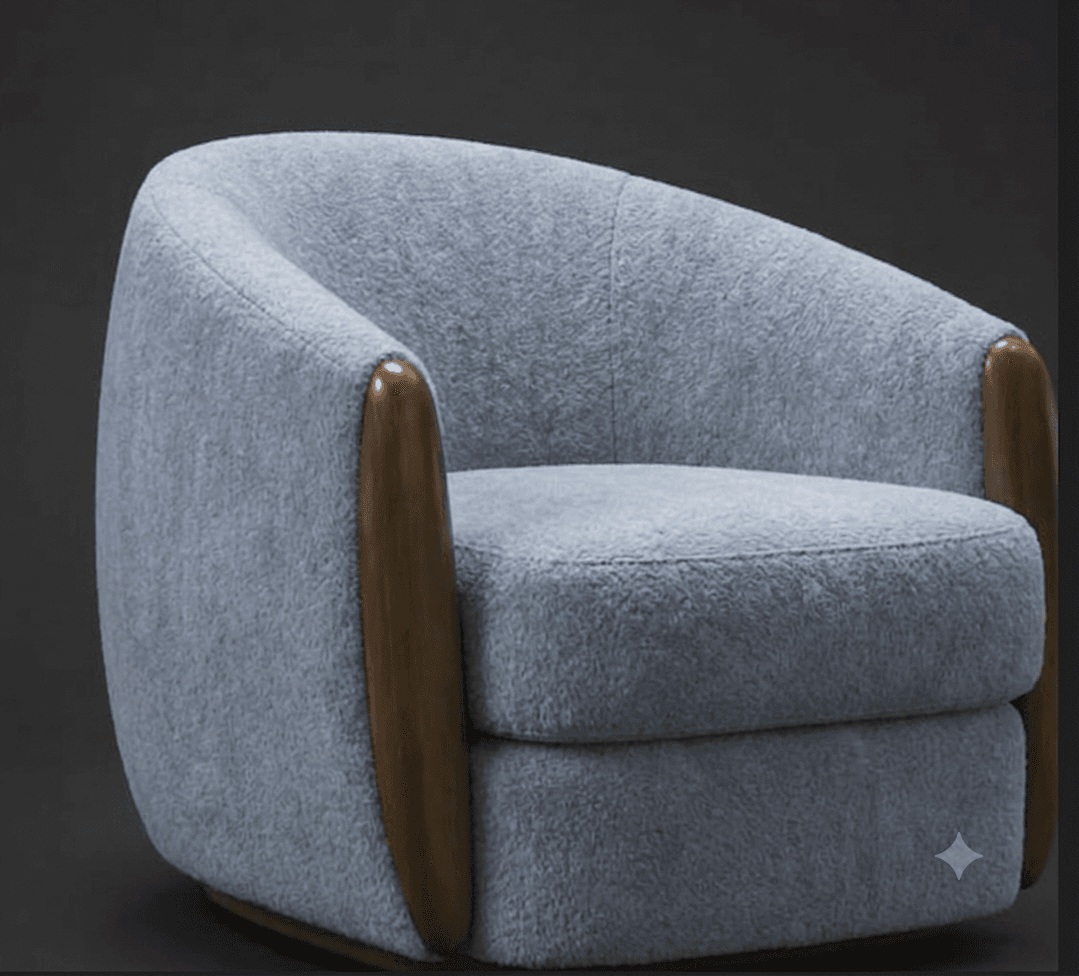 A compact, upholstered lounge chair featuring a rounded, barrel-like back and integrated armrests. It is covered in a light blue-grey textured fabric, resembling boucle, and accented with vertical, medium-toned wooden panels on the outer sides of the armrests, which extend down to form a subtle base. The chair has a low profile, emphasizing comfort and a modern aesthetic. — 3D model