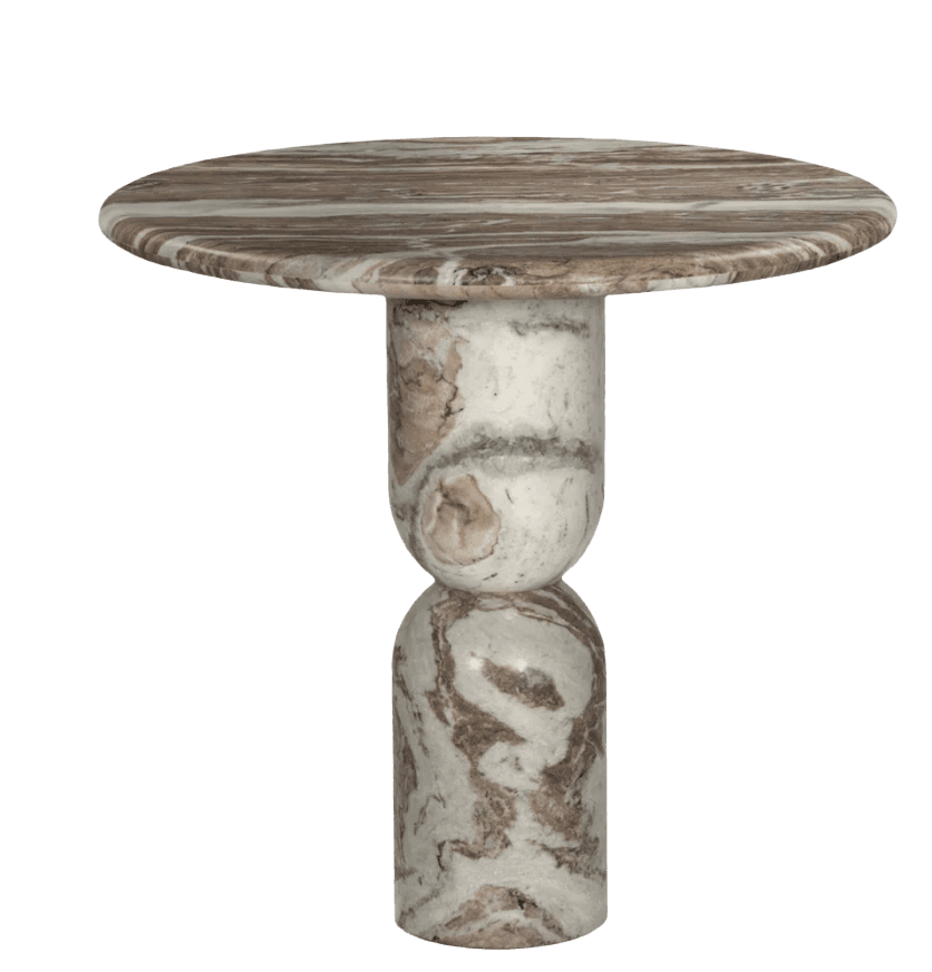 A small, round-topped side table with a distinct, segmented pedestal base. The tabletop is circular and flat, with a slight thickness. The pedestal features a bulbous element in the middle, connecting a wider cylindrical base to a narrower, upward-extending cylindrical section below the tabletop. The entire piece is constructed from what appears to be natural stone with prominent veining. — 3D model