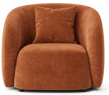 A contemporary, rounded accent chair upholstered in a rust-colored velvet fabric, featuring a barrel-shaped body and a small, loose back cushion at the top. — 3D model