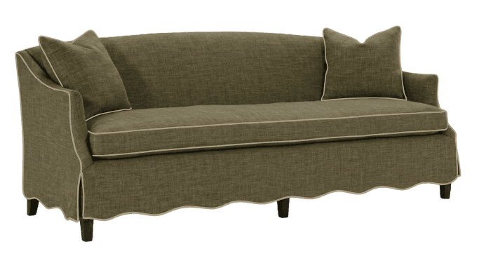 A sofa with a skirted base, upholstered in a textured olive green fabric. It features a slightly curved back, padded arms, a seat cushion, and two throw pillows. The sofa is trimmed with light beige piping along the edges of the cushions, arms, and skirt. The skirt has a scalloped bottom edge, and it rests on four dark, short, cylindrical legs. — 3D model