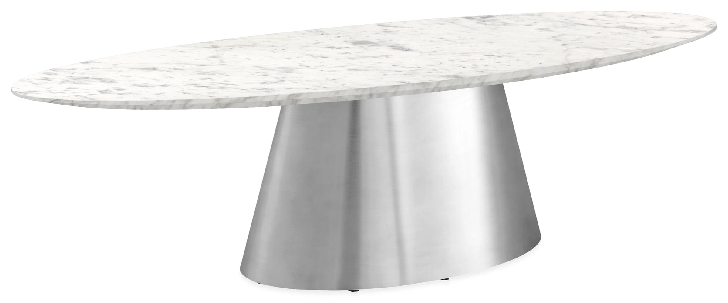 An oval-shaped table featuring a white marble top with grey veining supported by a singular, tapered, brushed metal pedestal base. — 3D model