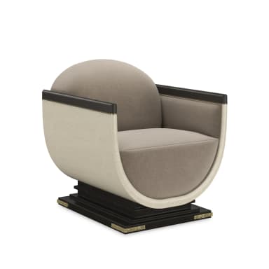 An Art Deco inspired barrel-shaped accent chair, featuring a plush upholstered interior in a neutral beige/taupe fabric, contrasting with a craquelure-finished exterior shell. The chair includes dark wood armrests with a slight sheen and sits on a squared, dark-colored plinth base accented with brass details on each side. — 3D model