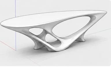 A sculptural, organic-shaped coffee table with a smooth, matte white finish. The design features an elongated, slightly curved tabletop supported by an intricate, hollow base with flowing lines and open spaces, creating an avant-garde aesthetic. — 3D model
