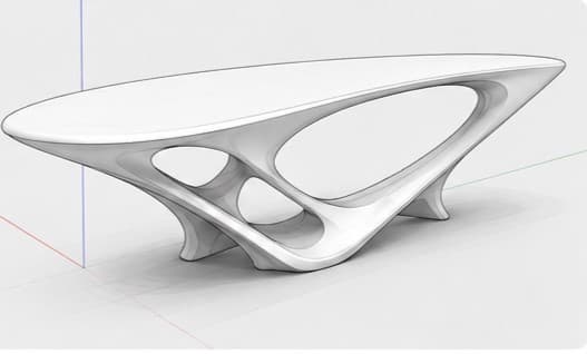 A sculptural, organic-shaped coffee table with a smooth, matte white finish. The design features an elongated, slightly curved tabletop supported by an intricate, hollow base with flowing lines and open spaces, creating an avant-garde aesthetic. — 3D model