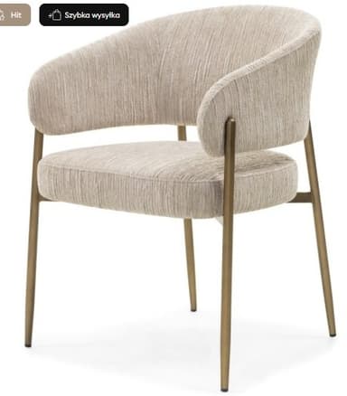 A contemporary armchair with a gently curved backrest and integrated armrests. The seat and back are upholstered in a textured, neutral-toned fabric. It is supported by slender, metallic legs with a brass or bronze finish. — 3D model