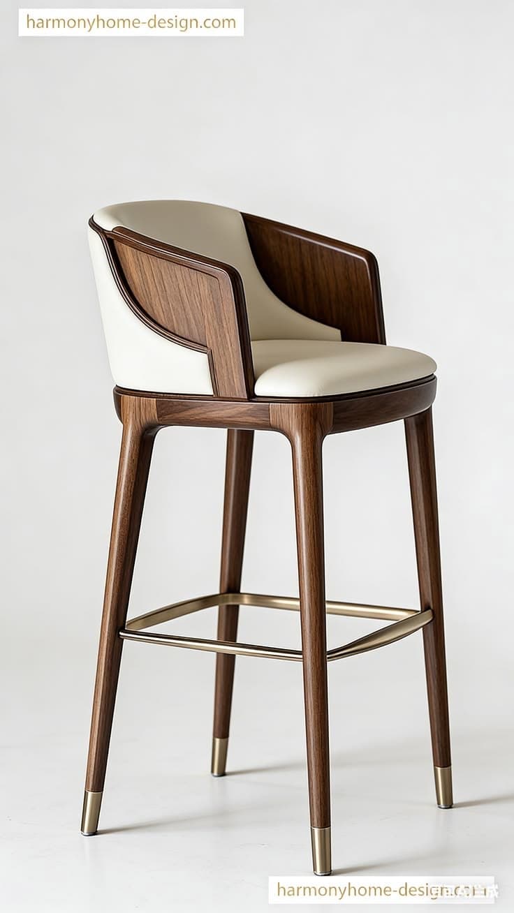 A contemporary bar stool featuring a rich dark wood frame, cream-colored upholstered seat and backrest, and elegant brass accents on the footrest and leg caps. — 3D model