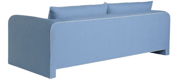 A two-seater sofa upholstered in a light blue fabric. The sofa features two back cushions and two seat cushions. It has rounded armrests and a straight base. White piping outlines the edges of the cushions, armrests, and the base. — 3D model