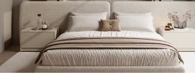 A modern upholstered platform bed featuring a low-profile design and an integrated split headboard. The entire frame is covered in a light beige, textured fabric. The headboard consists of two separate, slightly angled panels. — 3D model