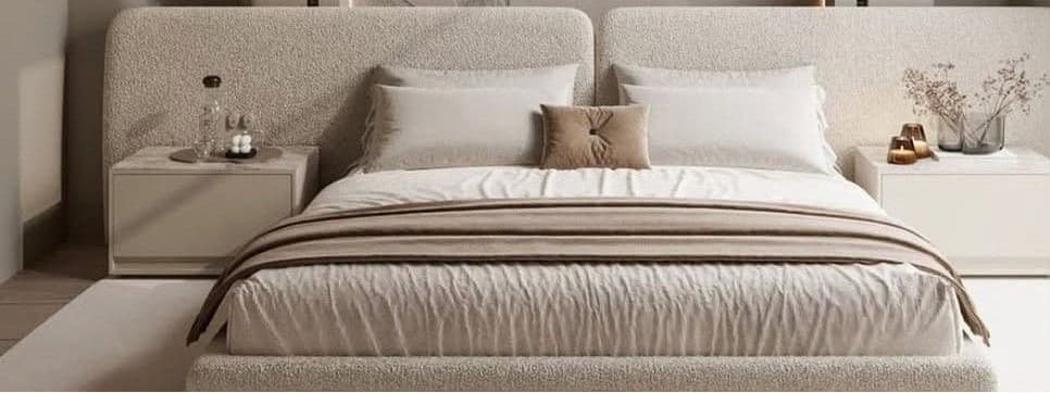 A modern upholstered platform bed featuring a low-profile design and an integrated split headboard. The entire frame is covered in a light beige, textured fabric. The headboard consists of two separate, slightly angled panels. — 3D model