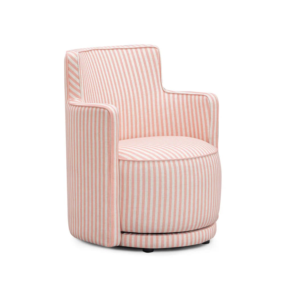 A swivel armchair upholstered in a pink and white vertical stripe fabric. The chair features a rounded back and seat with defined piping along the edges. It has integrated arms that flow down to the base. The base appears to be a swivel mechanism with visible black feet. — 3D model