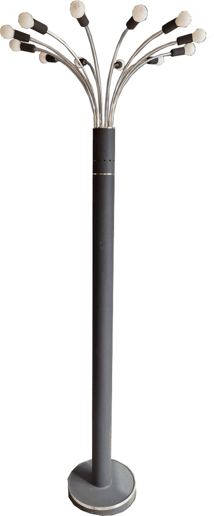 A floor lamp with a dark gray cylindrical base and stem. The stem transitions to a cluster of thin, chrome-plated metal arms that curve outwards and upwards, each holding a white light bulb. The light bulbs have black sockets and appear to be standard incandescent or LED bulbs. — 3D model
