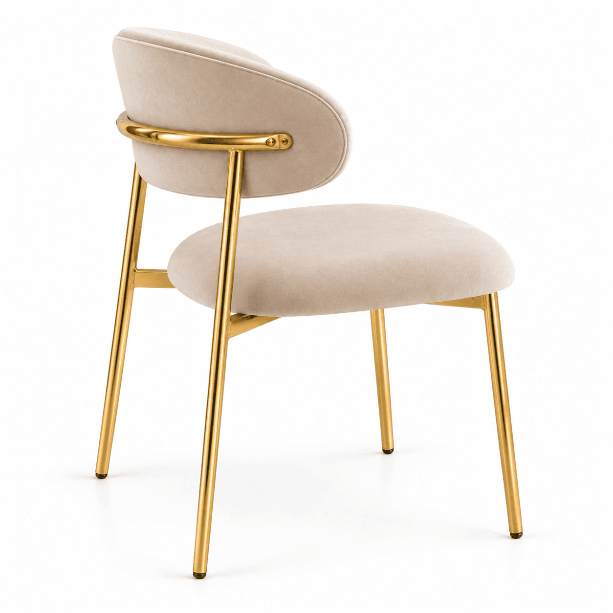 A contemporary dining chair featuring a rounded, padded backrest and seat, upholstered in a light beige velvet fabric. The chair is supported by a slender, polished gold-finished metal frame with four splayed legs. A decorative curved gold metal bar extends across the upper back of the chair, attaching to the frame. — 3D model