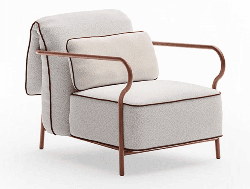 A modern lounge chair featuring a sturdy, exposed metal frame with a copper or rose gold finish. The chair is upholstered in a light gray or off-white bouclé fabric, providing a soft, textured appearance. It includes a deep seat cushion, a back cushion, and a separate lumbar pillow, all accented with dark brown or burgundy piping. The design is minimalist yet comfortable, ideal for contemporary interiors. — 3D model