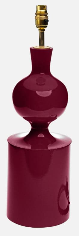 A deep burgundy table lamp base featuring a glossy finish. The base is composed of a cylindrical lower section, topped by a rounded, pedestal-like connector, leading to a prominent spherical body. Above the sphere, the form narrows into a neck, culminating in a standard brass bulb holder. The design is sleek and modern with a smooth, reflective surface. — 3D model