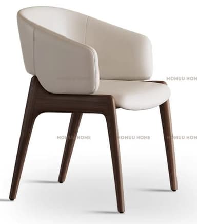 A modern upholstered dining armchair with a cream-colored seat and backrest, supported by a dark wood frame and tapered legs. — 3D model