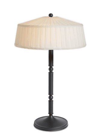 A table lamp with a dark, possibly metal, base and stem. The stem features decorative turned elements. It supports a wide, conical lampshade made of fabric, which is pleated vertically and appears to be cream or off-white in color. A small finial sits at the apex of the shade. — 3D model