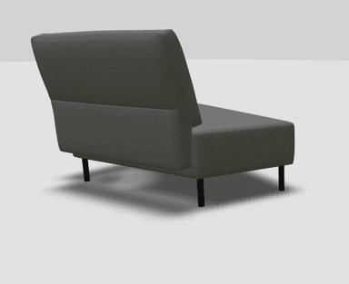 A contemporary modular sofa with a ribbed texture fabric in a charcoal grey color. The sofa features a low profile, straight seat, and a backrest that extends to one side. It is supported by thin, black cylindrical legs. A single square throw pillow in a matching fabric is placed on the seat. — 3D model