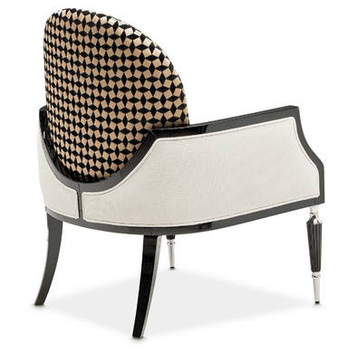 A contemporary barrel-back accent chair featuring a glossy black lacquered wood frame and striking geometric patterned upholstery. The chair's back and sides are encased in a lighter, solid-colored fabric, while the inner backrest cushion boasts a bold black and beige rhomboid pattern. The legs are tapered, finished in black lacquer, and fitted with metallic silver caps. — 3D model