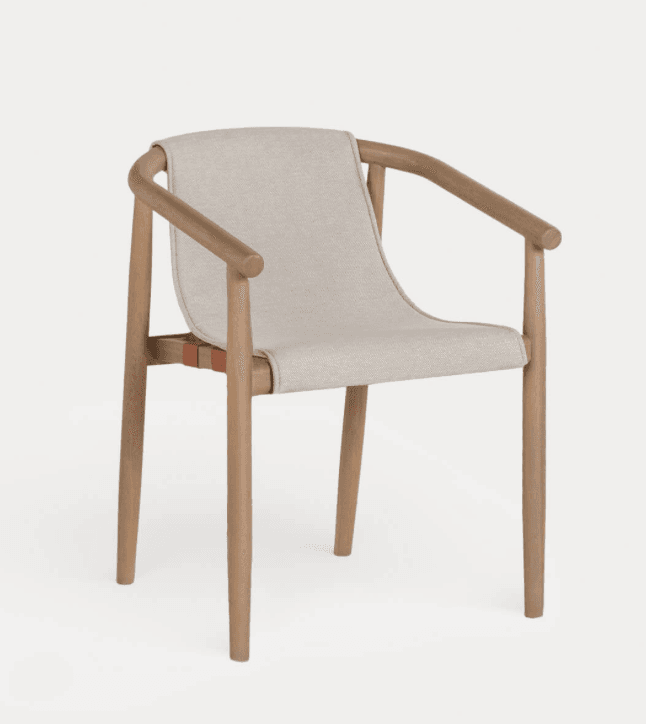 A modern armchair featuring a light-toned wooden frame with curved armrests and a light beige fabric sling seat and back. The fabric is secured to the frame with leather straps. — 3D model