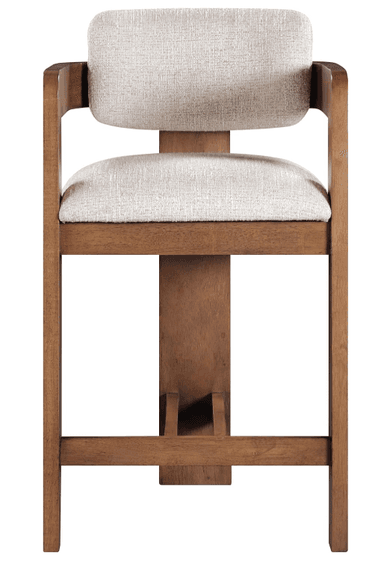 A contemporary counter stool featuring a medium brown wooden frame with integrated armrests, a rectangular upholstered backrest, and a padded upholstered seat. A wooden footrest is integrated into the front support structure. — 3D model